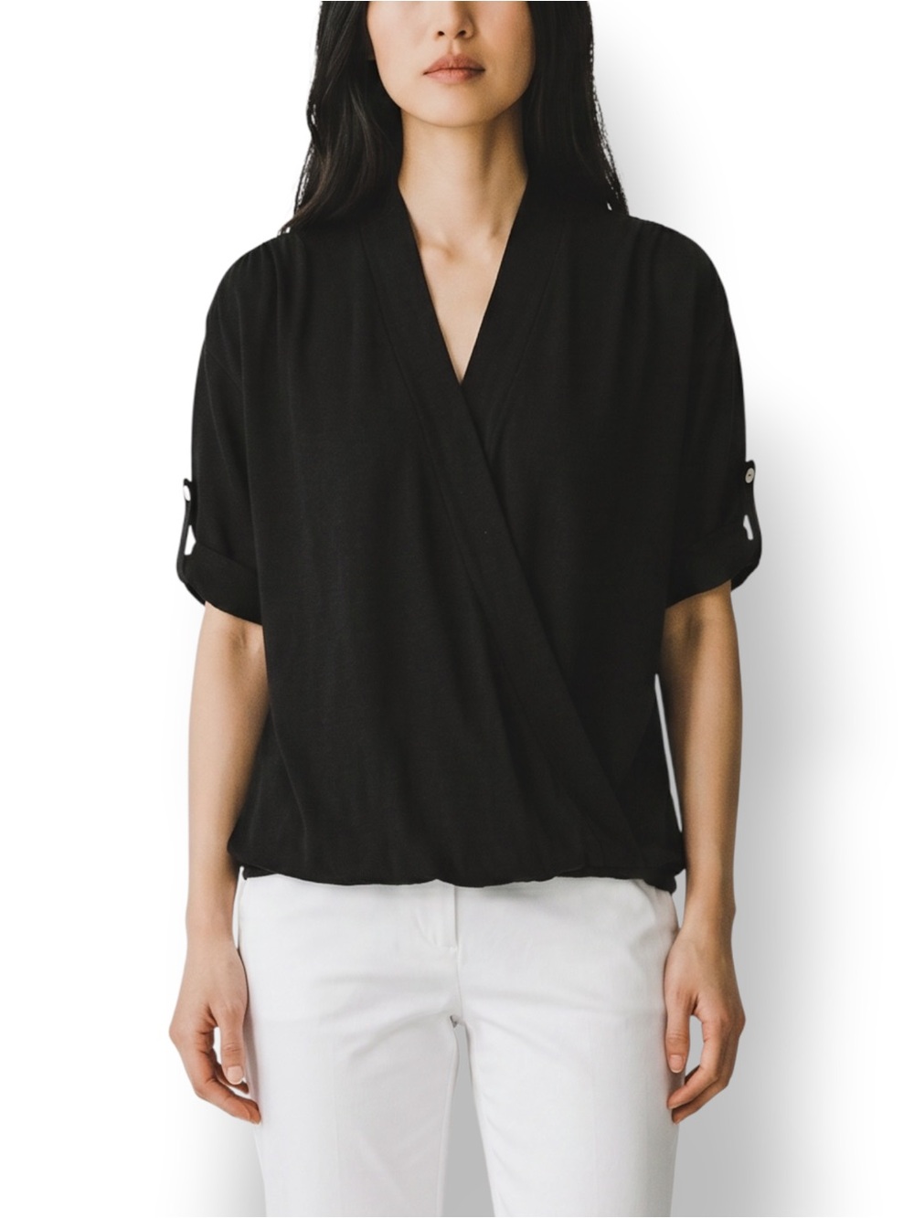 4/$20 Eri + Ali Black Surplice Roll Tab Sleeve Knit Blouse Size Small